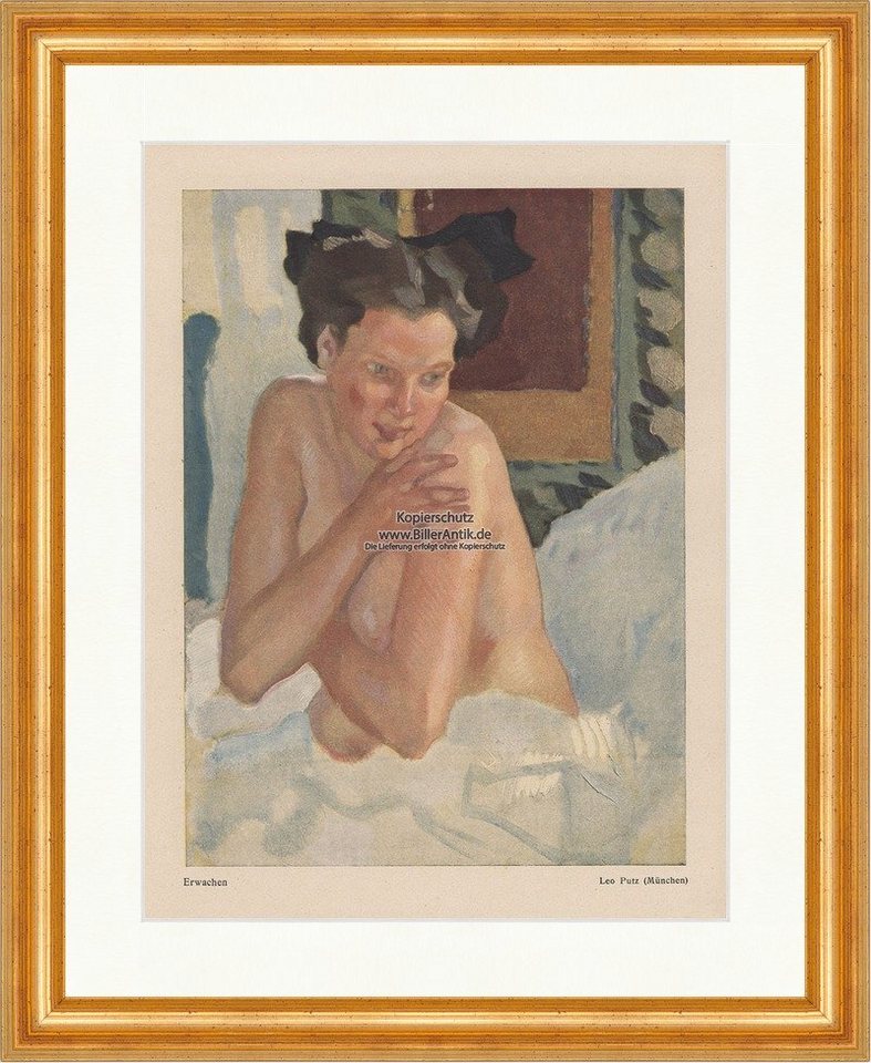 BillerAntik Kunstdruck Erwachen Jugendstil Leo Putz Akt Frau Bett Georg Hirth Jugend 1929 Ger, (1 St) von BillerAntik