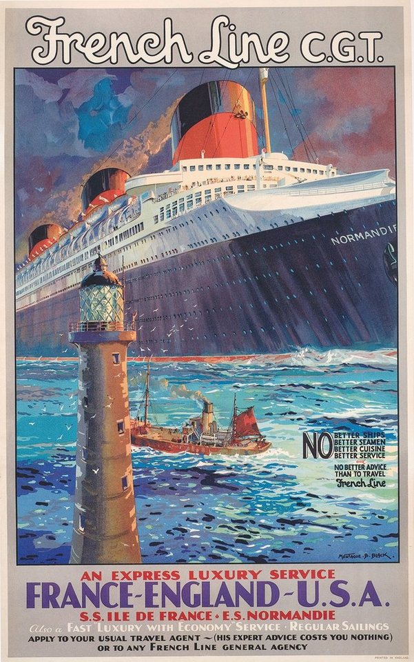 BillerAntik Kunstdruck French Line C.G.T. Luxury Service France Normandie Kunstdruck Werbung, (1 St) von BillerAntik