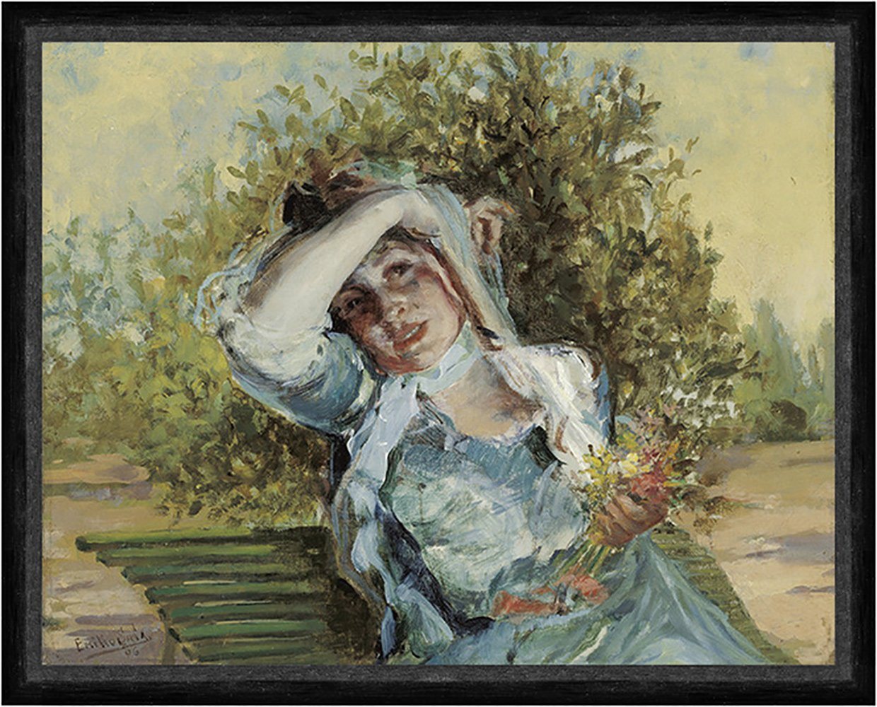 Kunstdruck Girl with Flowers Emilio Sala Blumen Garten Parkbank Strauß Sommer Fak, (1 St) von OTTO