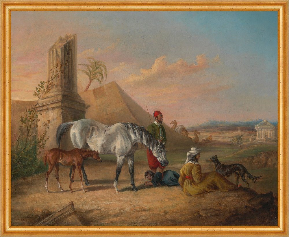 Kunstdruck Grey Arabian mare and foal, with a family George Henry Laporte Pferde, (1 St) von OTTO