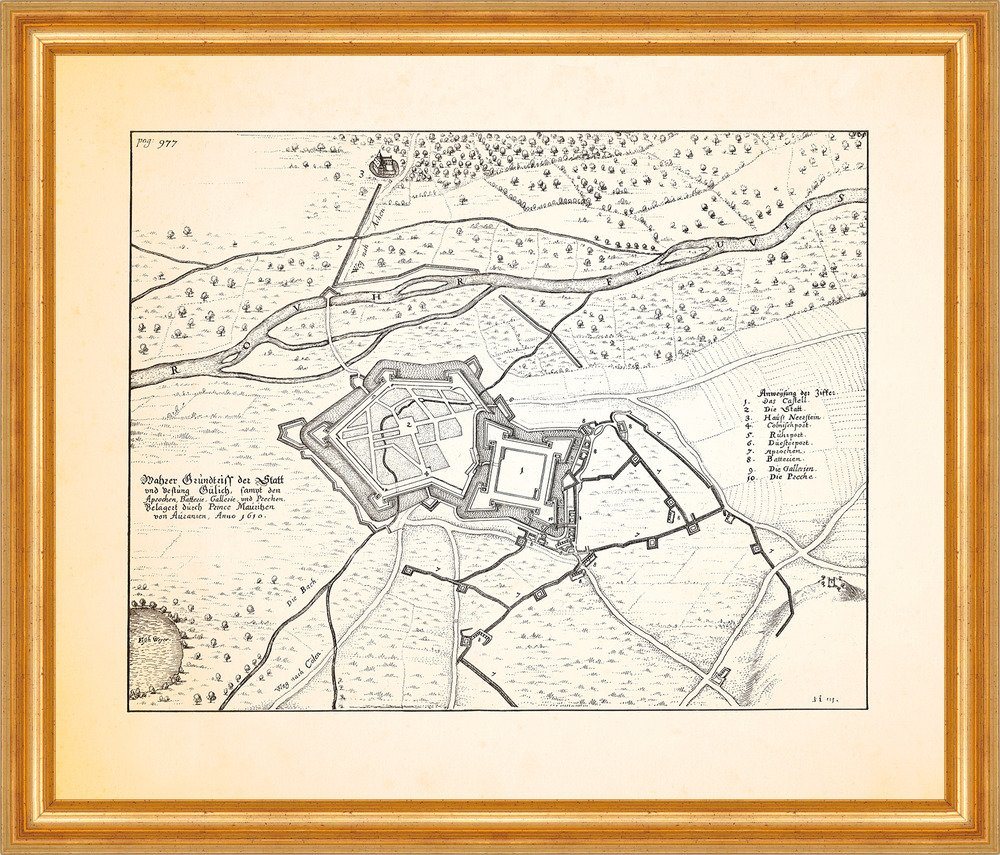 BillerAntik Kunstdruck Grundriss der Stadt Jülich Rur Jülich Jülpicher Börde Teich Merian 024, (1 St) von BillerAntik