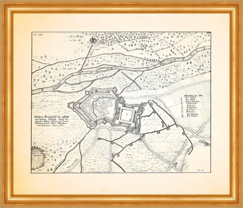 BillerAntik Kunstdruck Grundriss der Stadt Jülich Rur Jülich Jülpicher Börde Teich Merian 024, (1 St) von BillerAntik