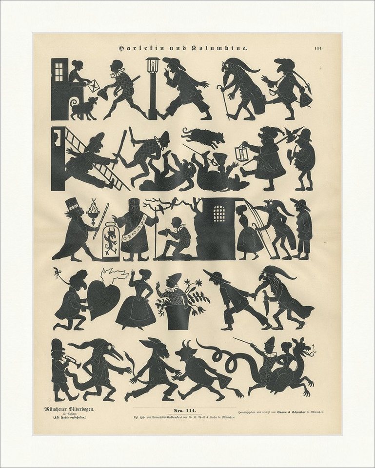 Kunstdruck Harlekin und Kolumbine Schattenspiel Laterne Holzstich Münchener Bilde, (1 St) von OTTO