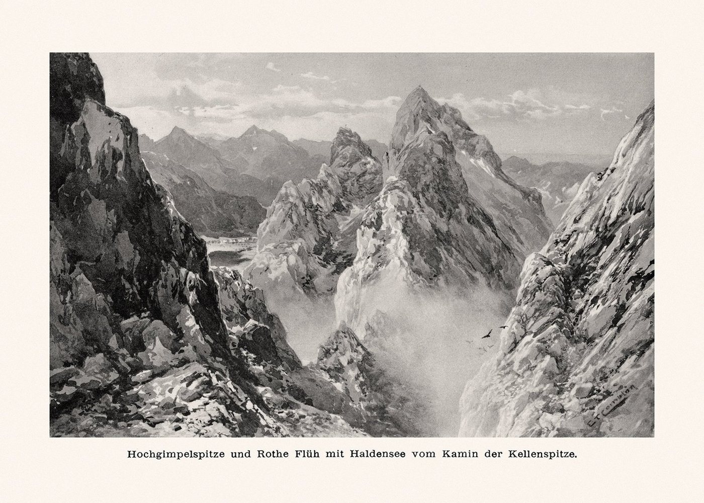 BillerAntik Kunstdruck Hochgimpelspitze und Rothe Flüh mit Haldensee Kamin Alpen Pik Alpinism, (1 St) von BillerAntik