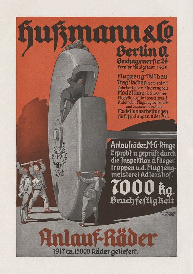 BillerAntik Kunstdruck Hußmann u. Co. Berlin Anlauf Räder Flugzeugteile Plakat Braunbeck Moto, (1 St) von BillerAntik