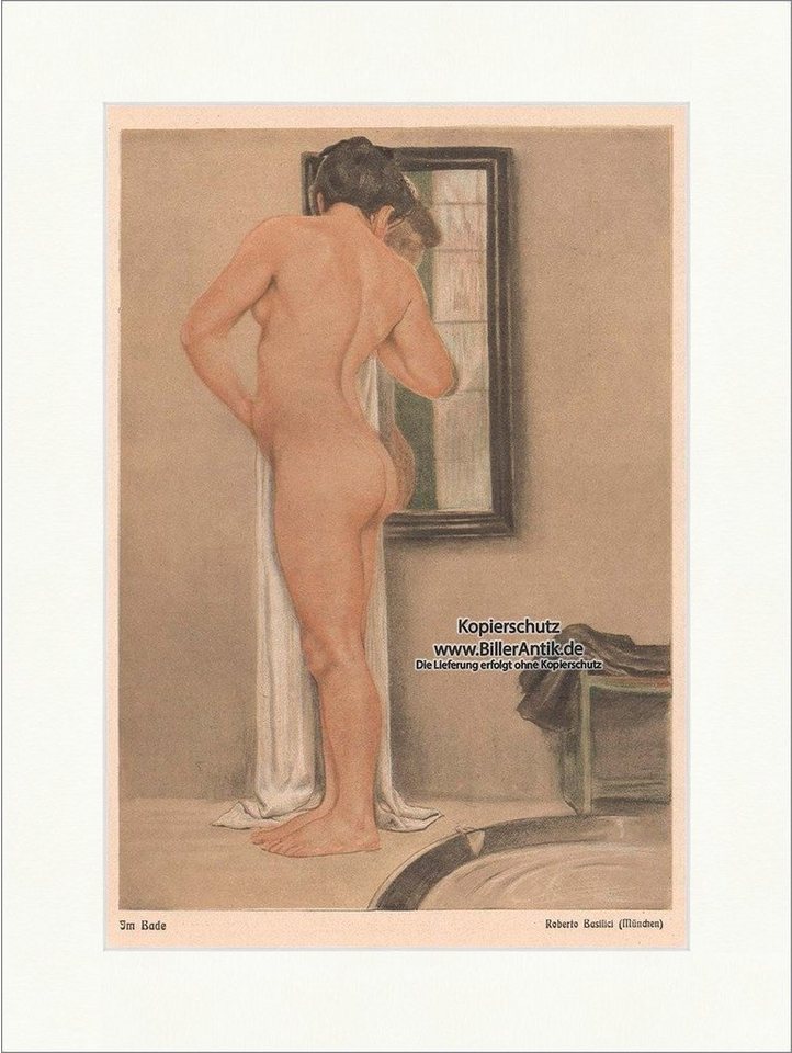 BillerAntik Kunstdruck Im Bade Roberto Basilici München Akt Handtuch Spiegel Frau Erotik Juge, (1 St) von BillerAntik