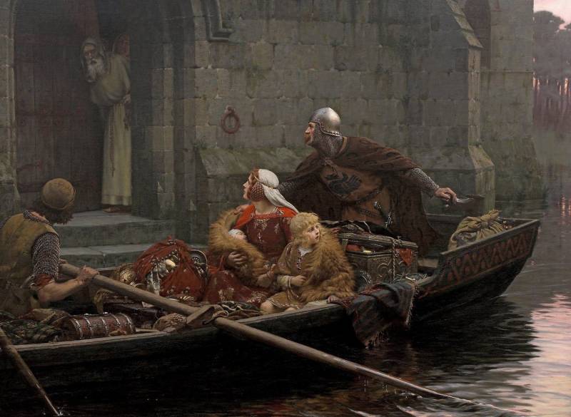 BillerAntik Kunstdruck In Time of Peril Edmund Blair Leighton Boot Ritter Treppe Familie B A3, (1 St) von BillerAntik