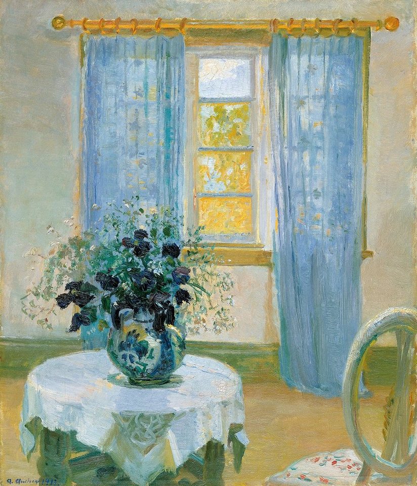 Kunstdruck Interior with clematis Anna Ancher Vorhänge Blumenstrauß Waldrebe B A3, (1 St) von OTTO