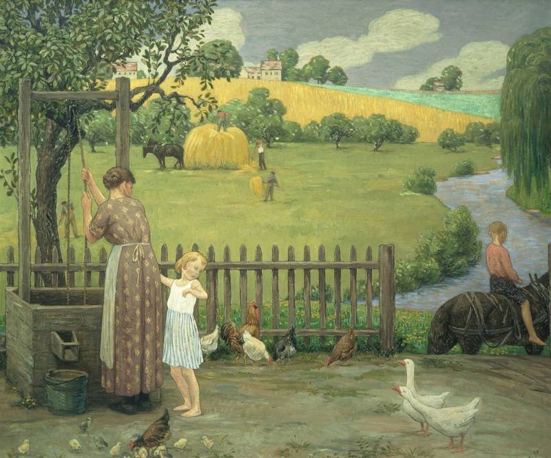 BillerAntik Kunstdruck June Bryson Burroughs Juni Garten Brunnen Ernte Gänse Zaun Bach Henne, (1 St) von BillerAntik