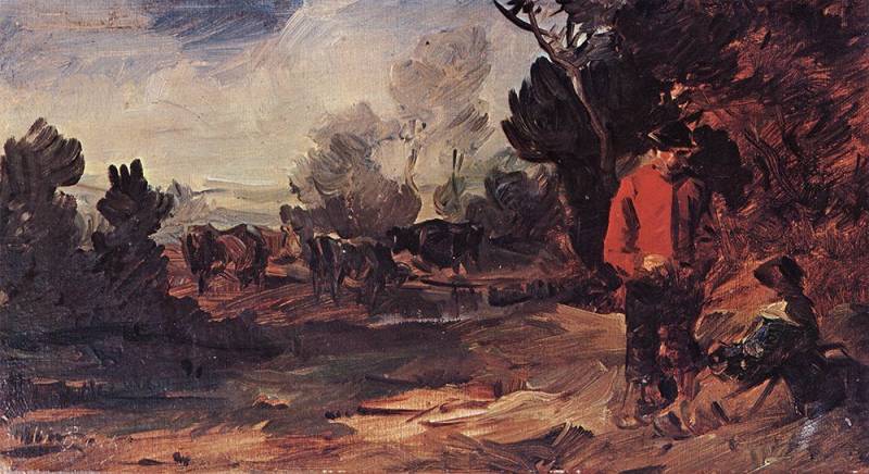BillerAntik Kunstdruck Landschaft mit Bauernpaar und Kuhherde am Teich Wilhelm Busch Rast H A, (1 St) von BillerAntik