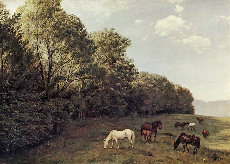 BillerAntik Kunstdruck Landschaft mit weidenden Pferden Hans Thoma Natur Wiese Fohlen Wald H, (1 St) von BillerAntik