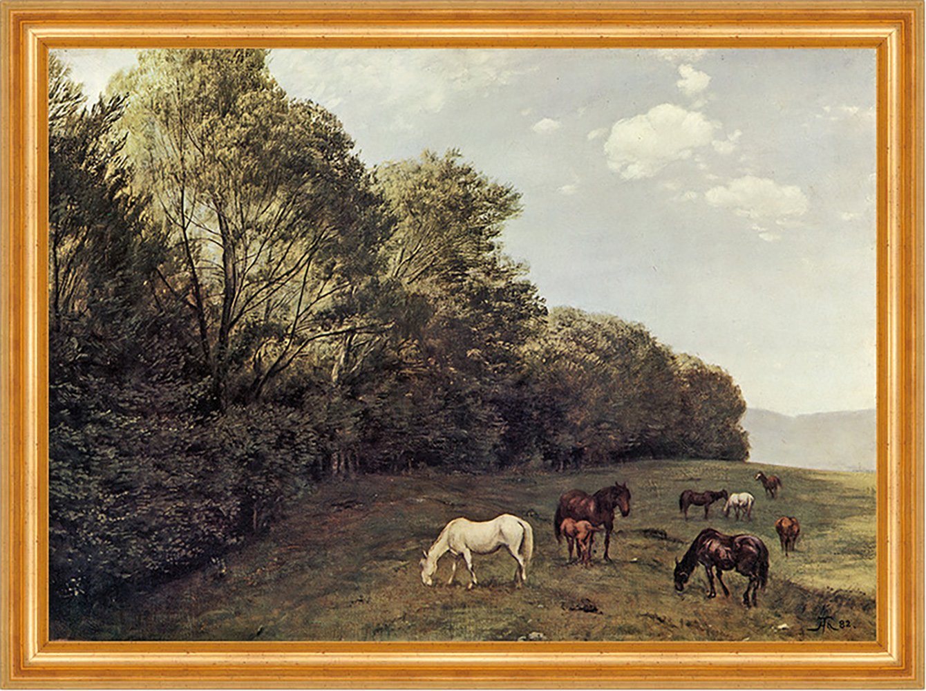 BillerAntik Kunstdruck Landschaft mit weidenden Pferden Hans Thoma Natur Wiese Wald H A3 0099, (1 St) von BillerAntik