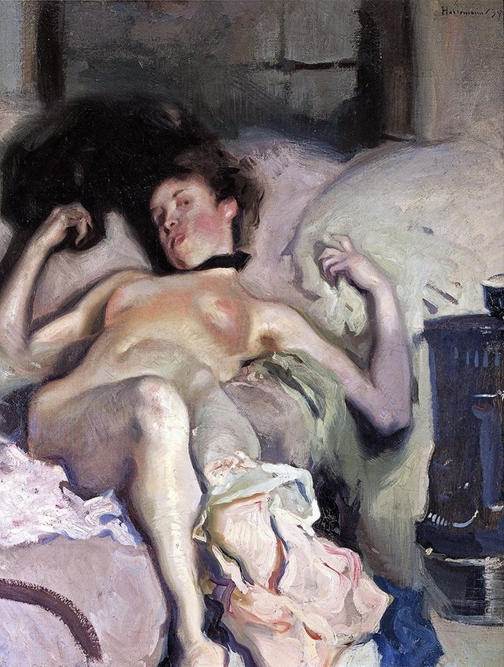 BillerAntik Kunstdruck Liegender Modellakt Hugo von Habermann Akt Frau Sofa Halsband H A3 056, (1 St) von BillerAntik