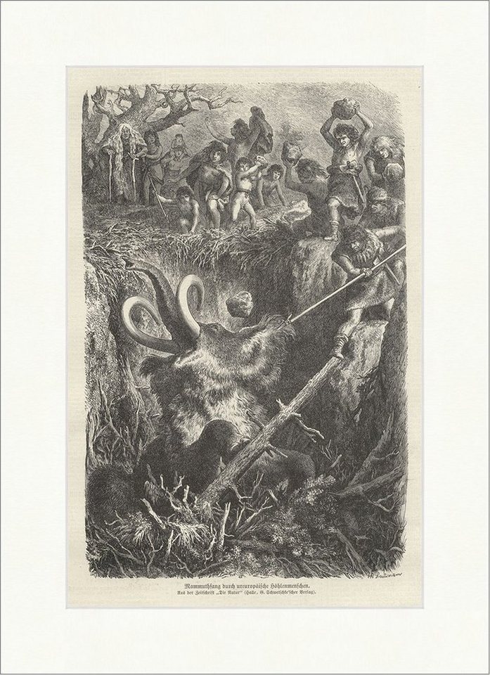 BillerAntik Kunstdruck Mammuthfang durch ureuropäische Höhlenmenschen Die Natur Jagd Holzstic, (1 St) von BillerAntik