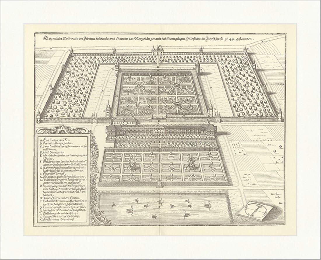 Kunstdruck Neugebäude des Lusthauses Wien Gartenanlage Tiergarten Weiher Merian_P, (1 St) von OTTO