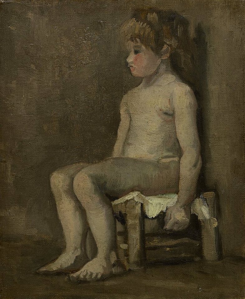 BillerAntik Kunstdruck Nude girl, seated Vincent van Gogh Kinder Mädchen Nackt Sitzen Hocker, (1 St) von BillerAntik