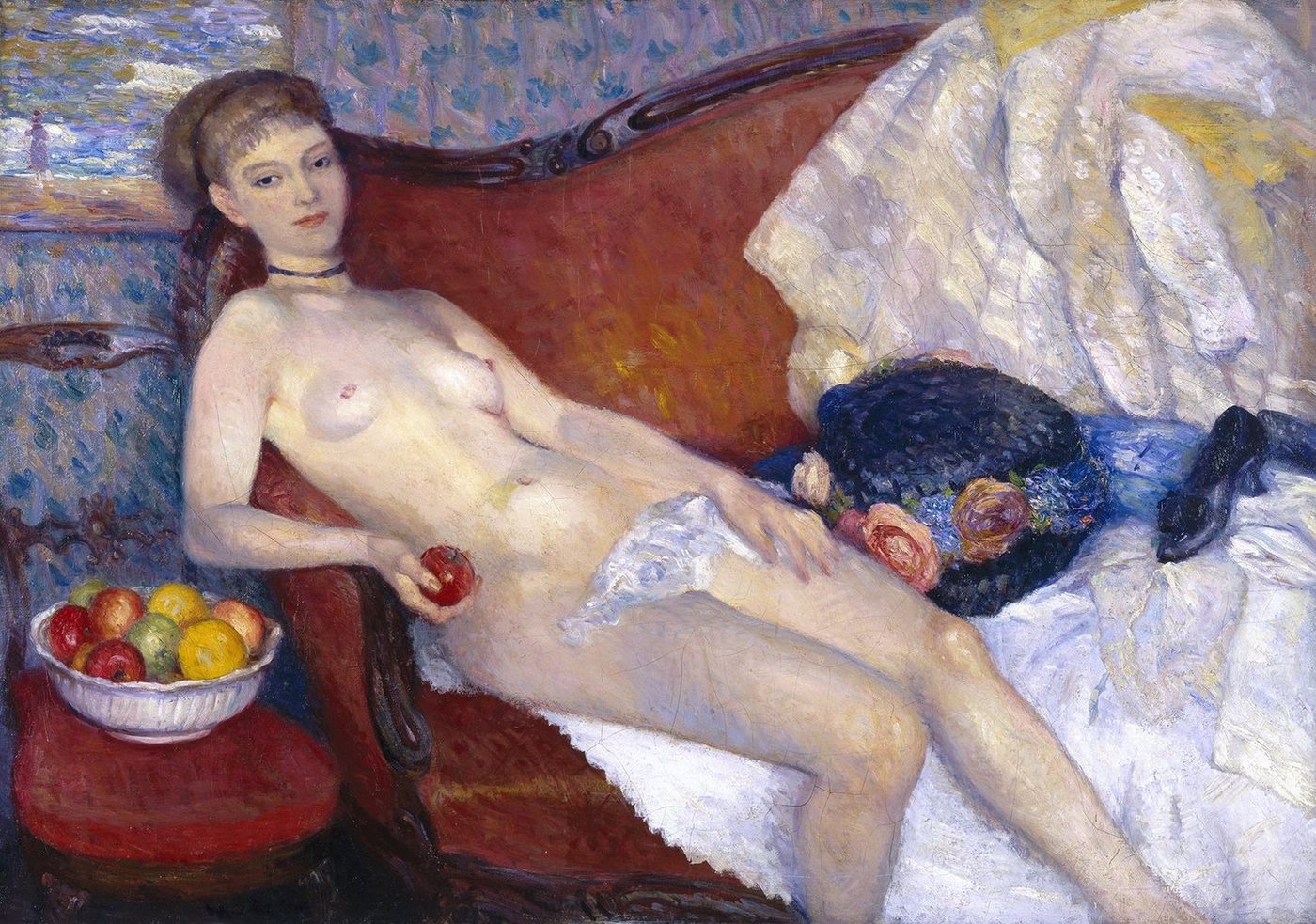 BillerAntik Kunstdruck Nude with Apple William Glackens Nackte Frau Obst Äpfel Schale Sofa B, (1 St) von BillerAntik