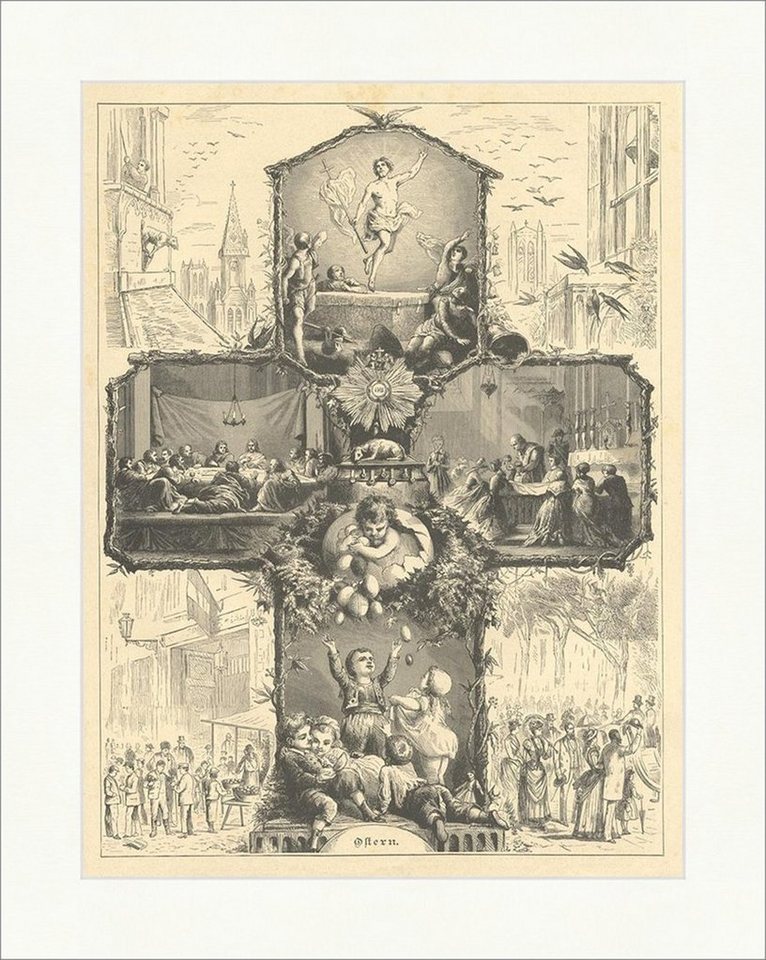 Kunstdruck Ostern Glaube Kirche Kreuz Engel Eier Kinder Abendmahl Jesus Holzstich, (1 St) von OTTO