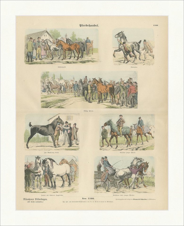 BillerAntik Kunstdruck Pferdehandel Nagel Fohlen Handel Anreiten Holzstich Münchener Bilderbo, (1 St) von BillerAntik