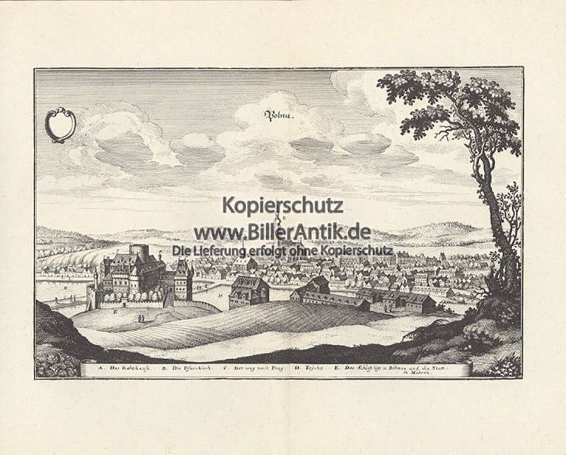 BillerAntik Kunstdruck Polna Schloß Teiche Friedhofskirche Böhmen Tschechien Kupferstich Meri, (1 St) von BillerAntik