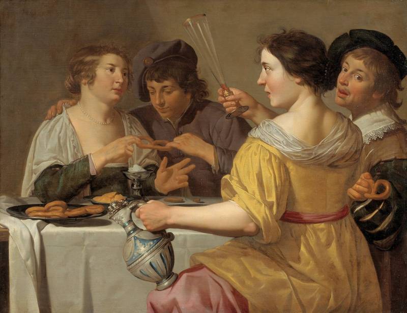 BillerAntik Kunstdruck Pulling of the Pretzel Jan van Bijlert Breze Essen Gebäck Krug Glas B, (1 St) von BillerAntik