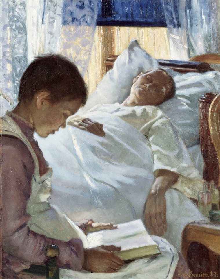 Kunstdruck Reflection in Blue Eva Bonnier Krank Bett Vorlesen Mutter Kind Liegen, (1 St) von OTTO