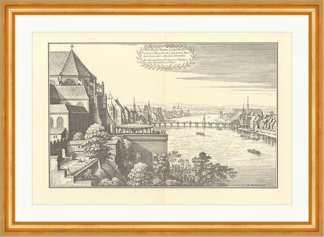 Kunstdruck Rheinbrücke Basel Münster Schweiz Rhein Ufer Kathedrale Merian_PP 050, (1 St) von OTTO