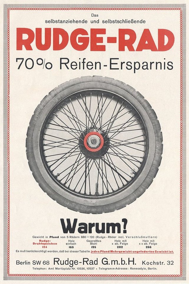 BillerAntik Kunstdruck Rudge Rad GmbH Reifen Verschlussmutter Felge Holz Plakat Braunbeck Mot, (1 St) von BillerAntik