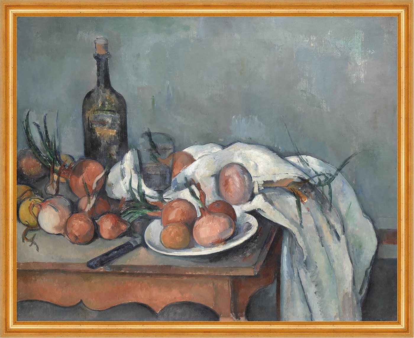Kunstdruck Still Life with Onions Paul Cezanne Zwiebeln Tisch Messer Flasche B A1, (1 St) von OTTO