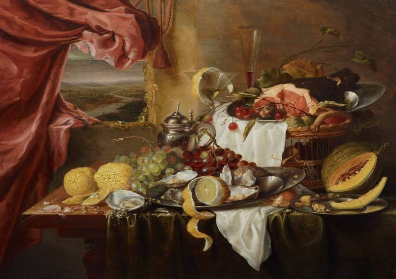 BillerAntik Kunstdruck Still life with imaginary view Laurens Craen Fenster Stillleben Obst B, (1 St) von BillerAntik