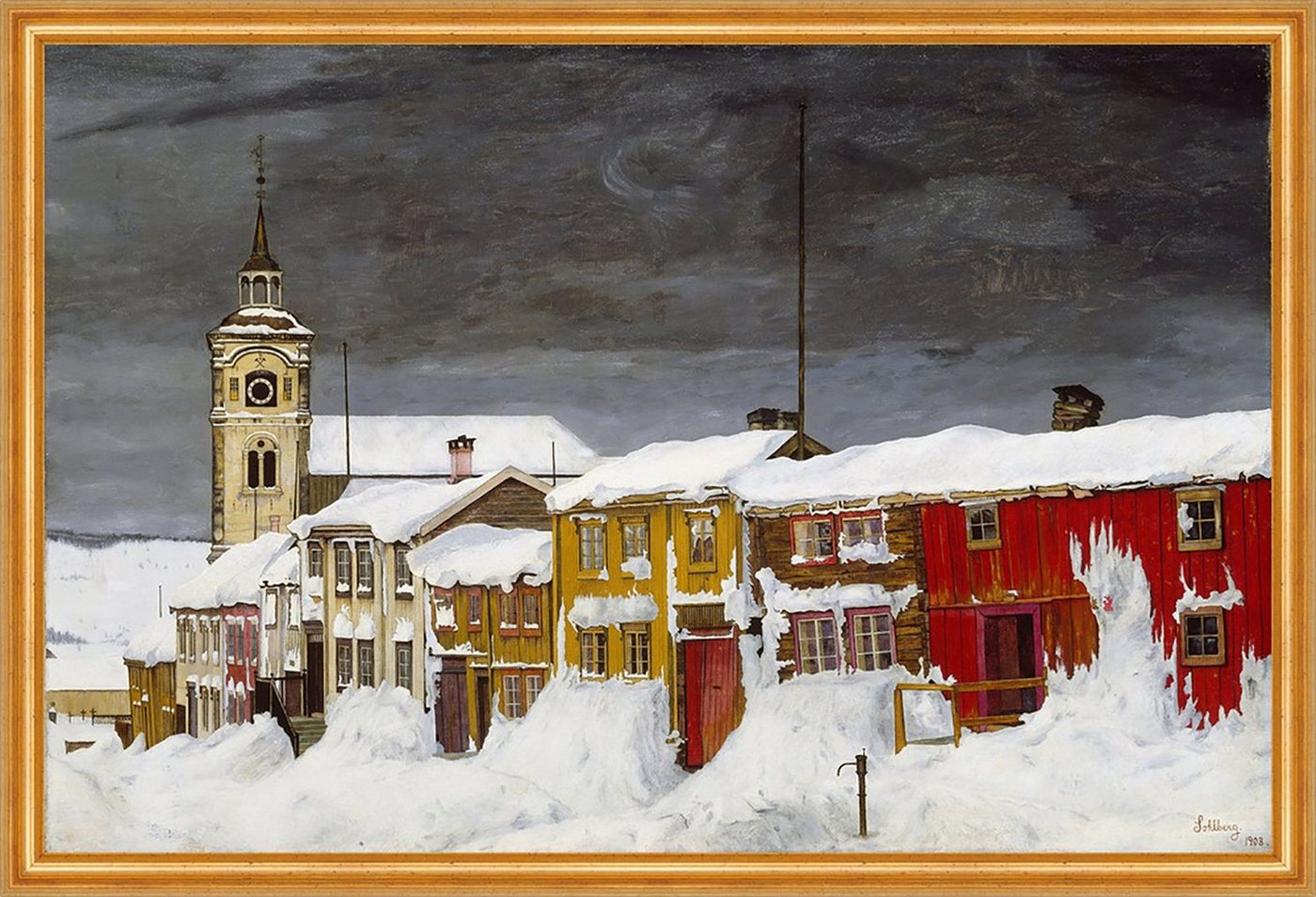 Kunstdruck Street in Roros in Winter Harald Sohlberg Schnee Kirche Städte Häuser, (1 St) von OTTO