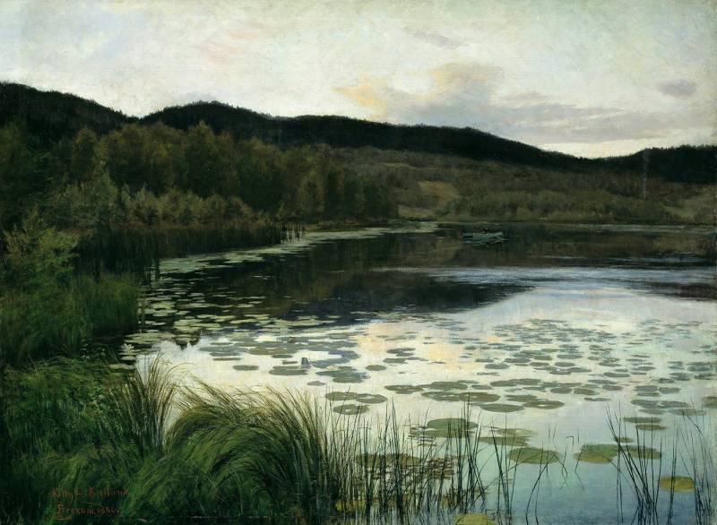 BillerAntik Kunstdruck Summer Night Kitty Lange Kielland Teich Natur Wald Schilf Abend See B, (1 St) von BillerAntik