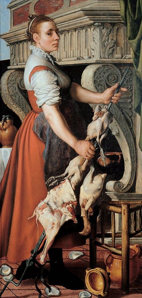 BillerAntik Kunstdruck The Cook Pieter Aertsen Köchin Grillen Ofen Feuer Spieß Frau Geflügel, (1 St) von BillerAntik