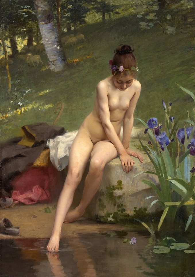 BillerAntik Kunstdruck The Little Shepherdess Paul Peel Baden Teich Schafe Hirtin Nackt Wald, (1 St) von BillerAntik