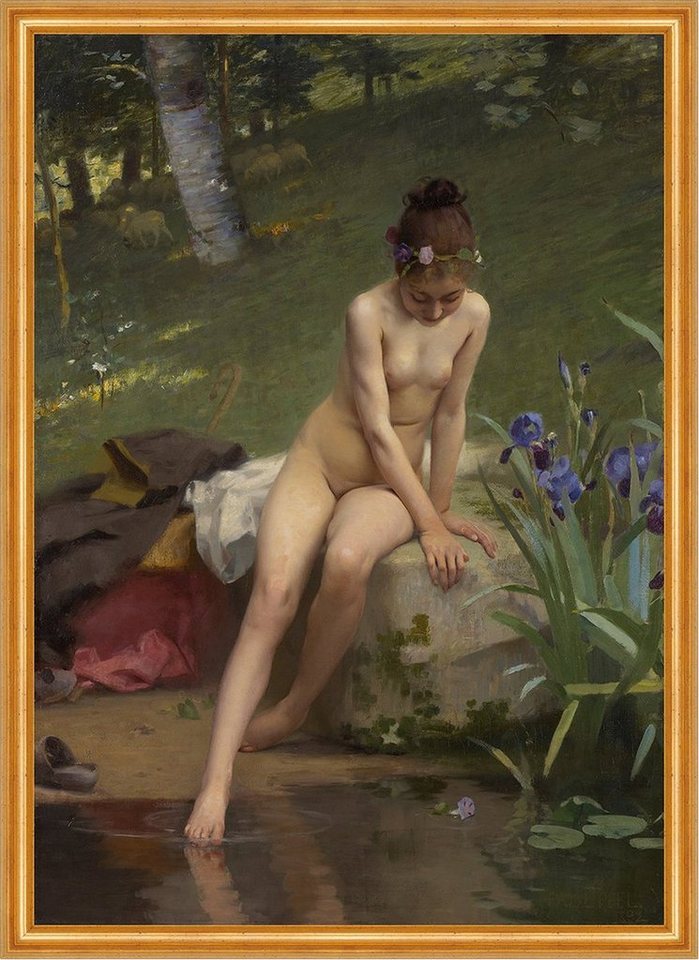 BillerAntik Kunstdruck The Little Shepherdess Paul Peel Baden Teich Schafe Hirtin Nackt Wald, (1 St) von BillerAntik