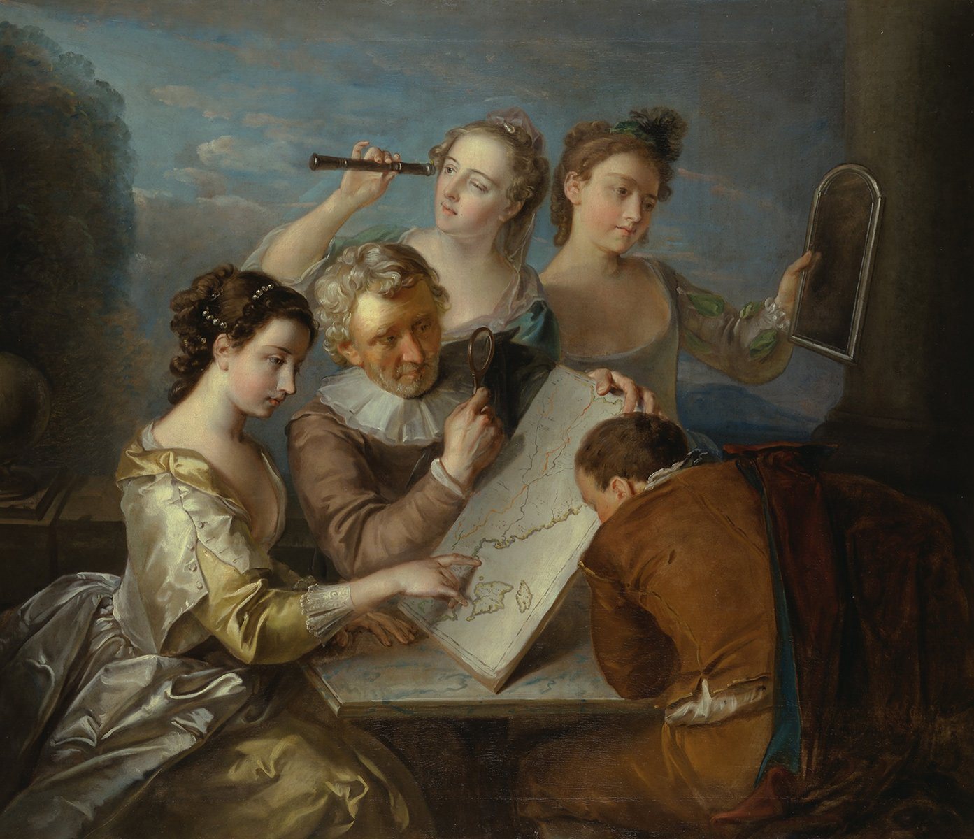 BillerAntik Kunstdruck The Sense of Sight Philippe Mercier Karte Familie Lupe Sehen Fernrohr, (1 St) von BillerAntik
