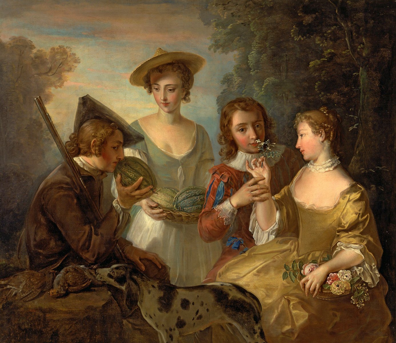 BillerAntik Kunstdruck The Sense of Smell Philippe Mercier Sinne Melone Garten Hund Familie B, (1 St) von BillerAntik