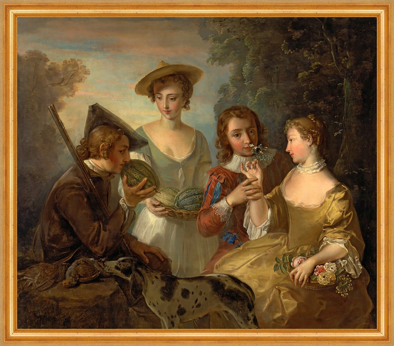 BillerAntik Kunstdruck The Sense of Smell Philippe Mercier Sinne Melone Garten Hund Familie B, (1 St) von BillerAntik