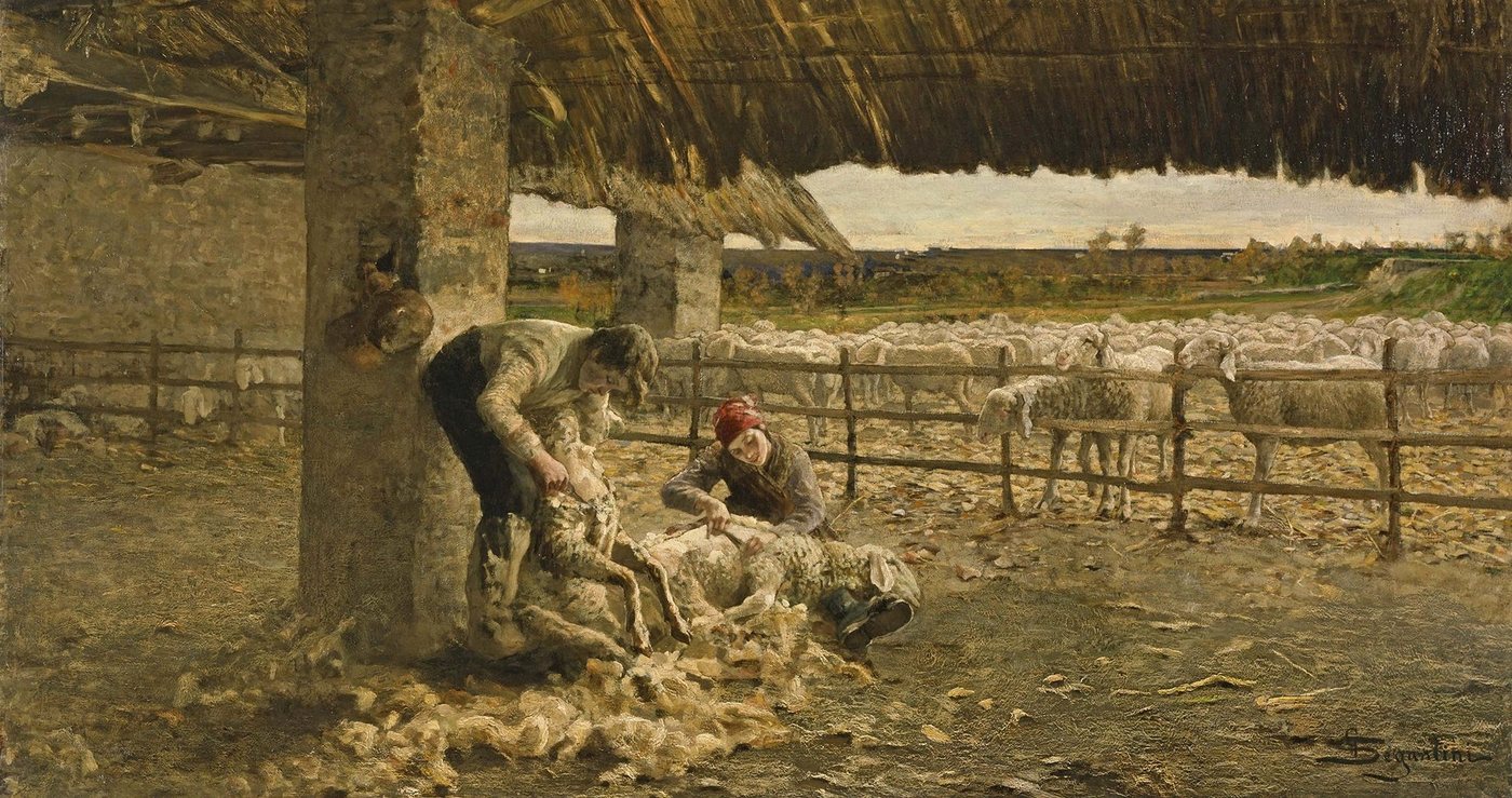 Kunstdruck The Sheepshearing Giovanni Segantini Schafe Schur Bauern Wolle Fell B, (1 St) von OTTO