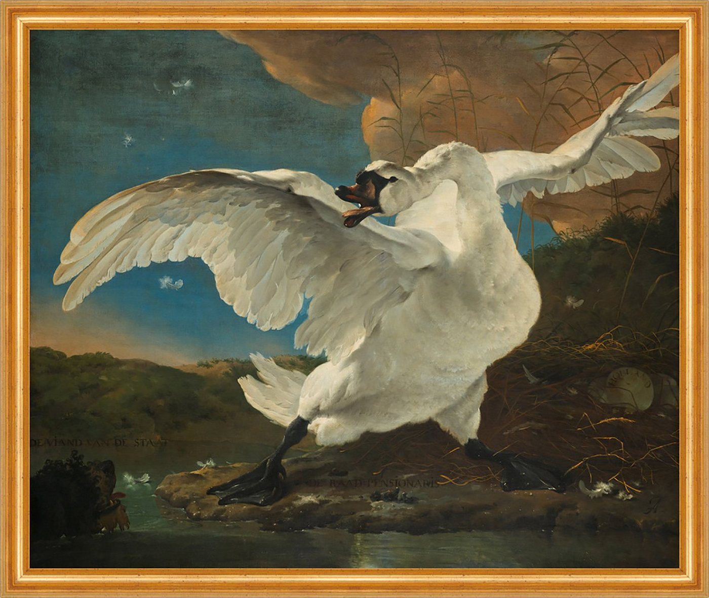 BillerAntik Kunstdruck The Threatened Swan Jan Asselijn Schwan Vogel Tier Jagen Weiher Teich, (1 St) von BillerAntik
