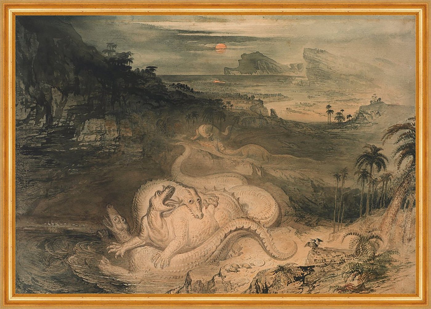 Kunstdruck The country of the Iguanodon John Martin Drachen Wesen Palmen Kampf B, (1 St) von OTTO