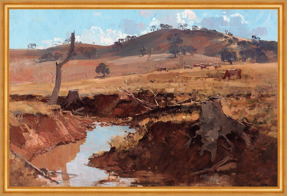 Kunstdruck The creek Arthur Ernest Streeton Wüste Tiere Rinder Weide Flüsschen B, (1 St) von OTTO