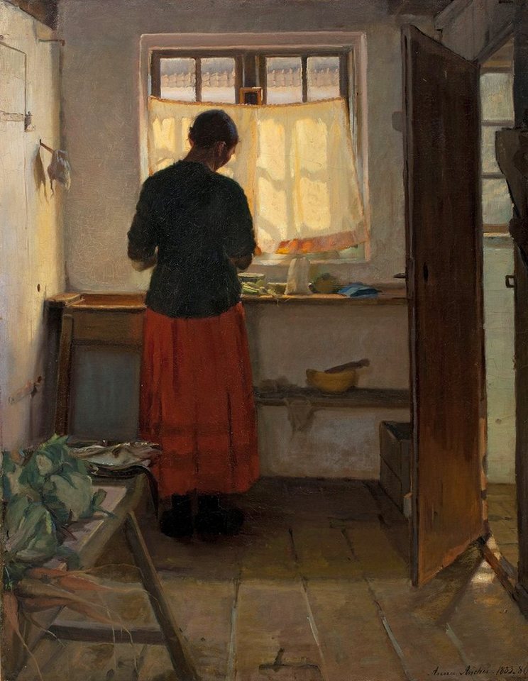 Kunstdruck The maid in the kitchen Anna Ancher Dienstmädchen Fenster Küche Dorf B, (1 St) von OTTO