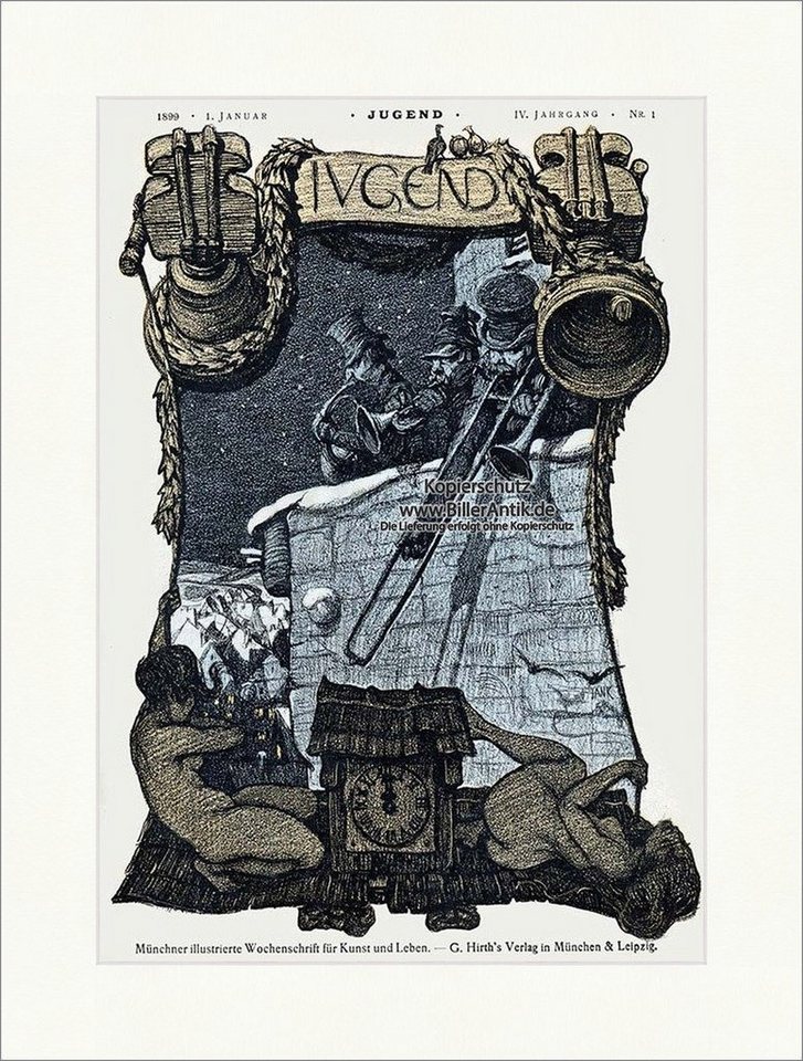 BillerAntik Kunstdruck Titelseite der Nummer 1 von 1899 Angelo Jank Uhr Glocke Trompeten Juge, (1 St) von BillerAntik