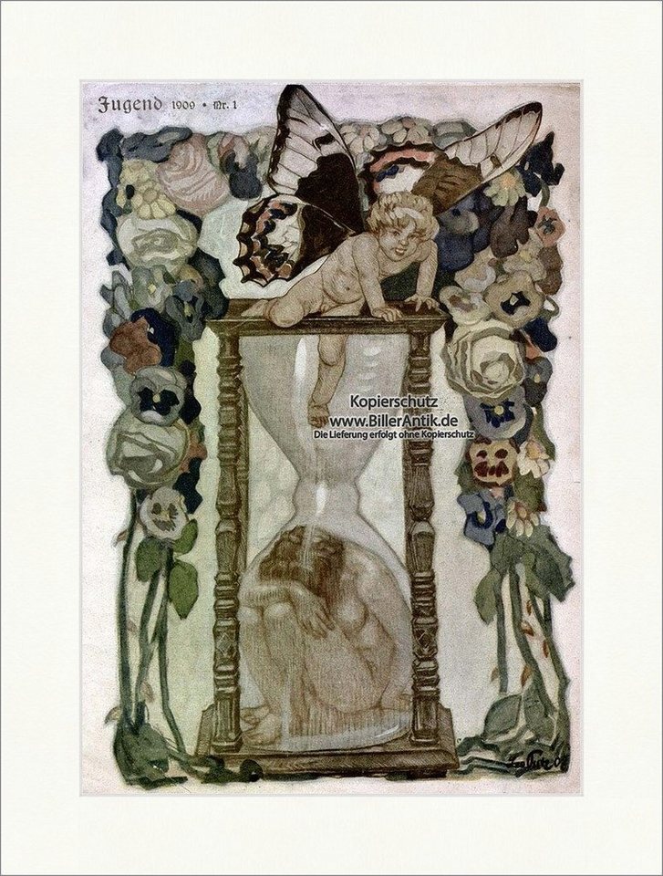 BillerAntik Kunstdruck Titelseite der Nummer 1 von 1909 Leo Putz Schmetterling Sanduhr Jugend, (1 St) von BillerAntik