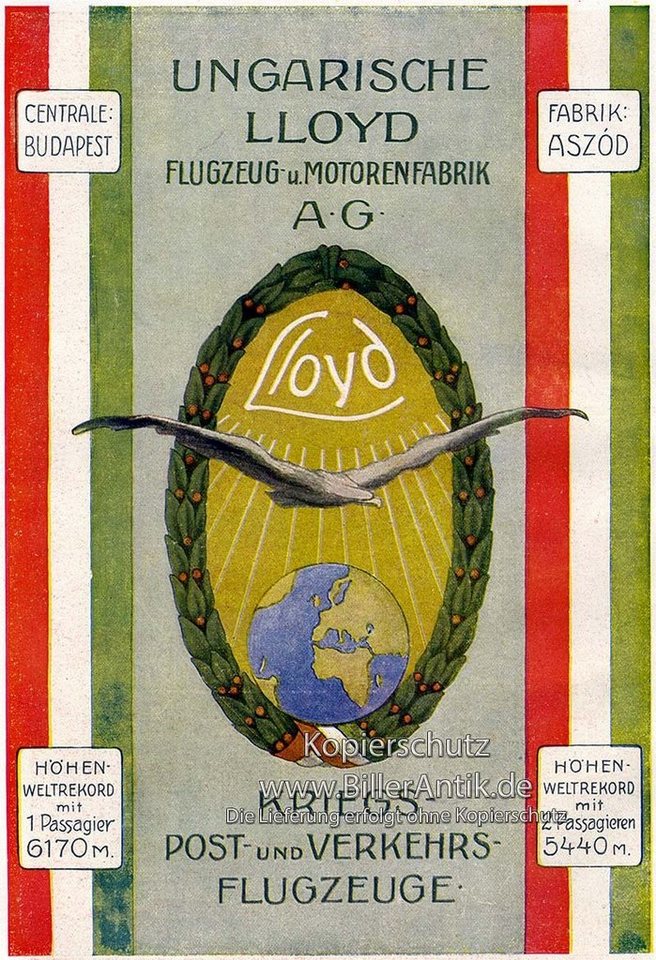 BillerAntik Kunstdruck Ungarische Lloyd Kriegs- Post- Verkehrsflugzeuge Plakat Braunbeck Moto, (1 St) von BillerAntik