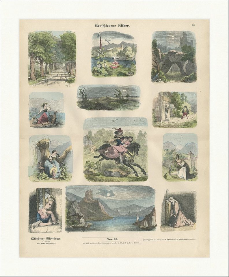 BillerAntik Kunstdruck Verschiedene Bilder Allee Teich Pferd See Holzstich Münchener Bilderbo, (1 St) von BillerAntik