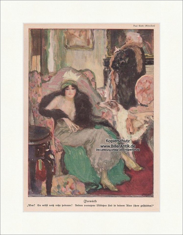 BillerAntik Kunstdruck Vorwürfe Paul Rieth Jugendstil Heirat Sessel Frau Hund Hirth Ostini Ju, (1 St) von BillerAntik