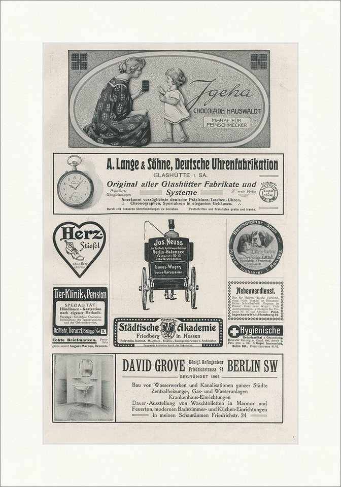 BillerAntik Kunstdruck Werbeseite Lange und Söhne Glashütte Deutsche Uhren Fabrikation Faksim, (1 St) von BillerAntik