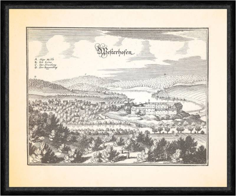 BillerAntik Kunstdruck Westerhofen Burg Westerhof Sägemühle Teich Kuppenberg Faks_Merian 044, (1 St) von BillerAntik